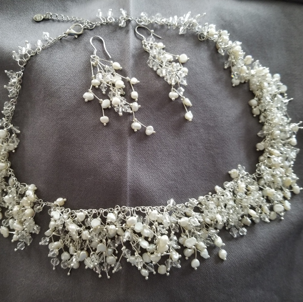 Silver Beaded Statement Necklace & Earrings - image 1